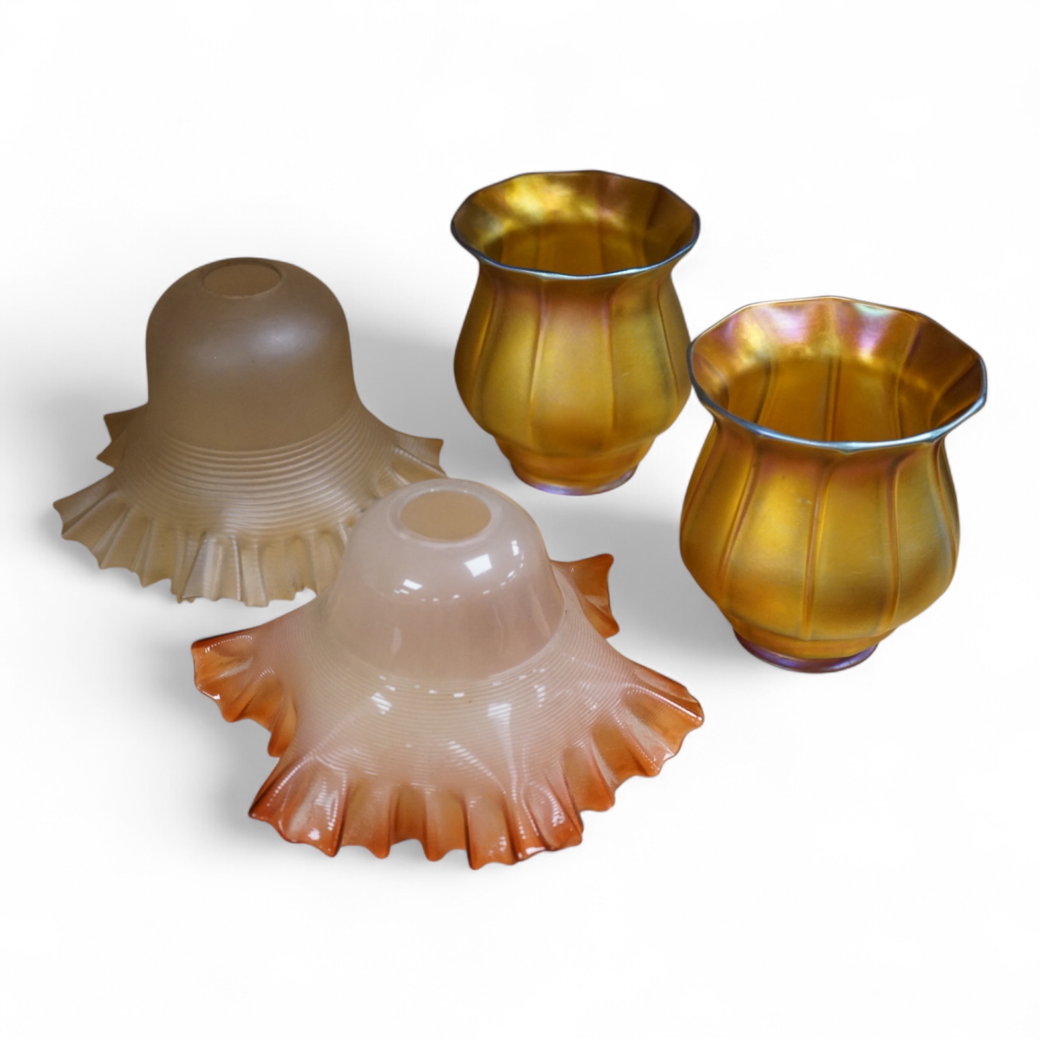 A pair of Quezal Art Glass iridescent light shades, and two frilled edged shades, Quezal shades 11.5cm high